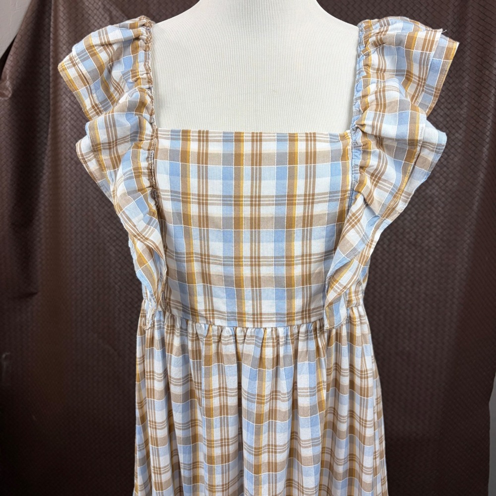 Madewell Plaid Ruffle Strap Smocked Midi Dress Blue Brownβ NF904 Size 10